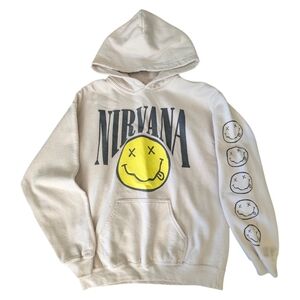 NIRVANA Cream Hoodie with Yellow Smiley Graphic